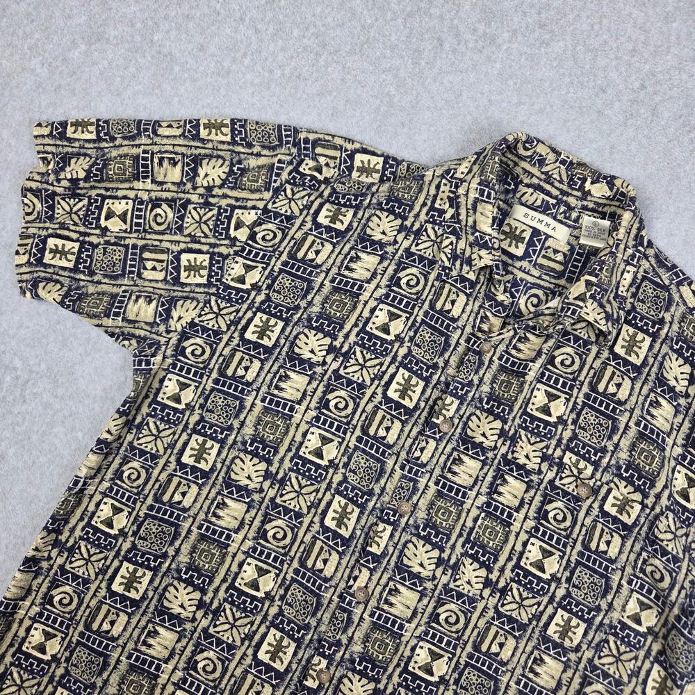Vintage Summa Large 100% Silk Geometric Print Short Sleeve Button Down Shirt